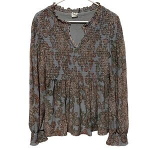 Anthropologie Akemi + Kin Adria Light Blue/ Brown Smocked Cottagecore Blouse